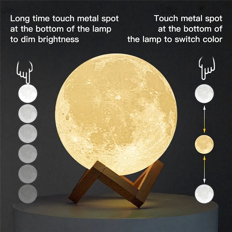 3 Color Rechargeable 3D Print Moon Lamp